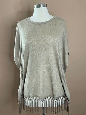 Esperanza Tan Fringe Hem Boho Top M Lightweight Knit Festival